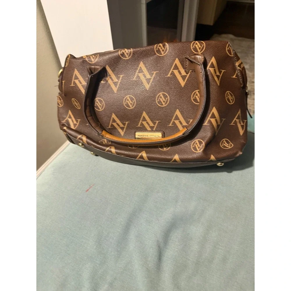 Adrienne Vittadini Brown Logo Satchel Handbag Gold Hardware Zip Top - Picture 1 of 5